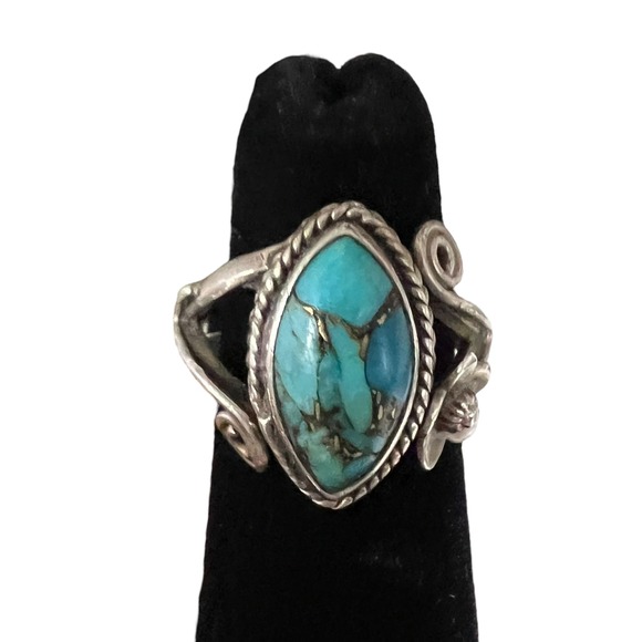 Vintage Bohemian Southwest Turquoise‎ Marquise Stone Mexican Silver Ring 4.5